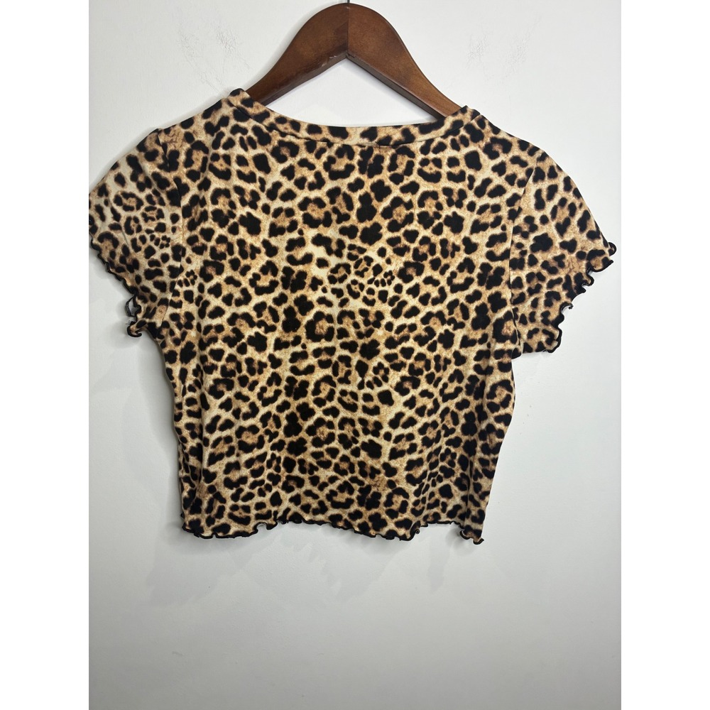 L.A. Hearts Womens Leopard Print Lettuce Edge Crop Top Brown Tan Medium
